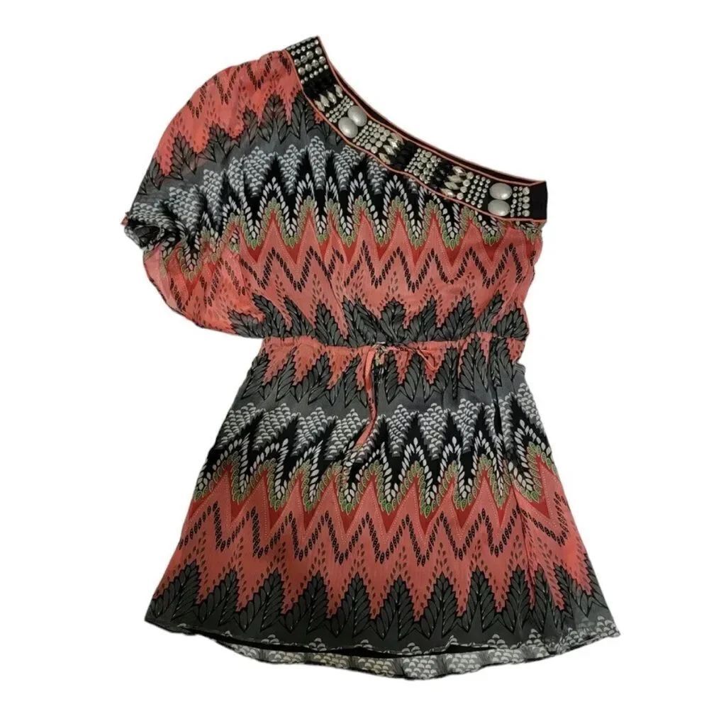 Chelsea & Violet one sleeve orange gray boho dress with bling detail size medium